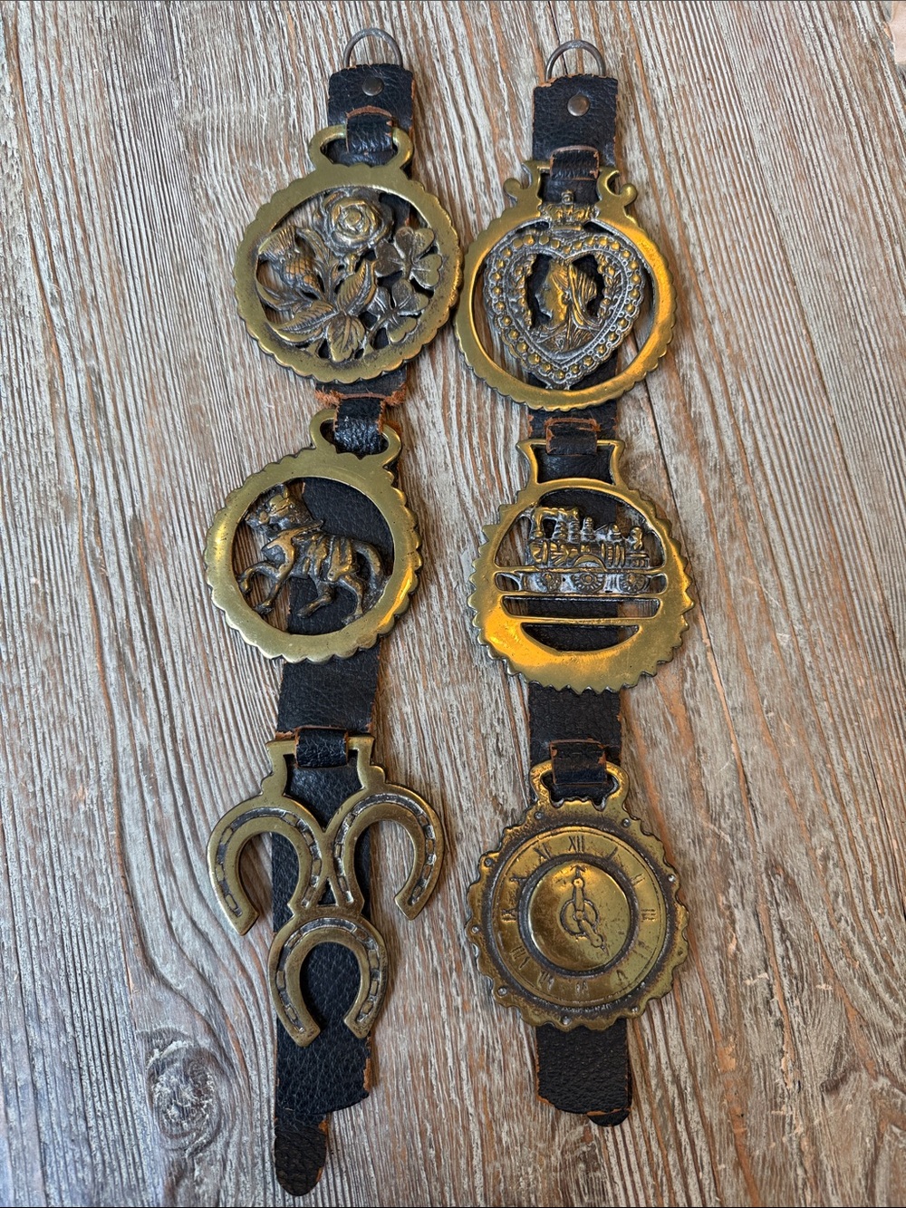 EUROPEAN HORSE EQUESTRIAN STYLE MEDALLIONS ON LEATHER COLLECTIBLE VINTAGE